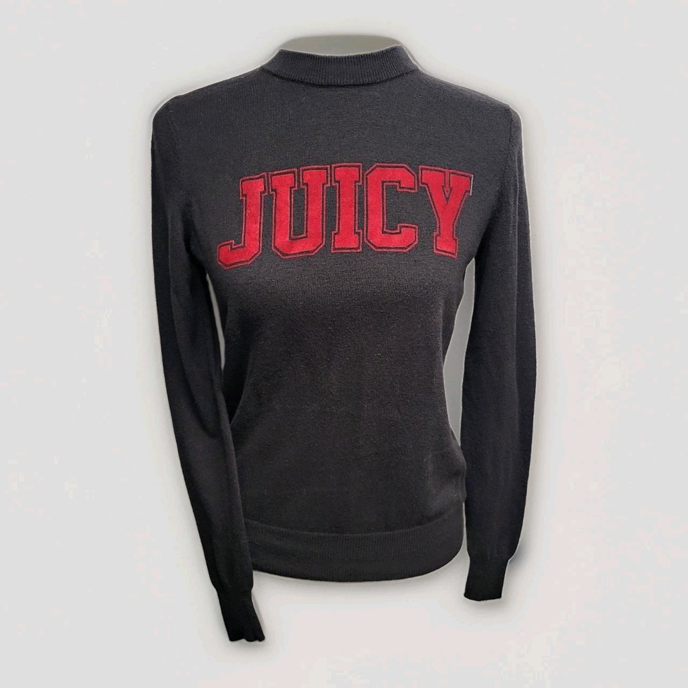 Juicy Couture Womens S Black Knit Crew Neck Pullover Sweater Red JUICY Logo